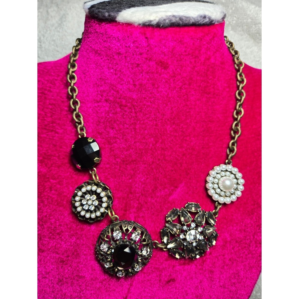 Lia Sophia Statement Necklace Bronze Tone Black Clear Gems Pearl Accents